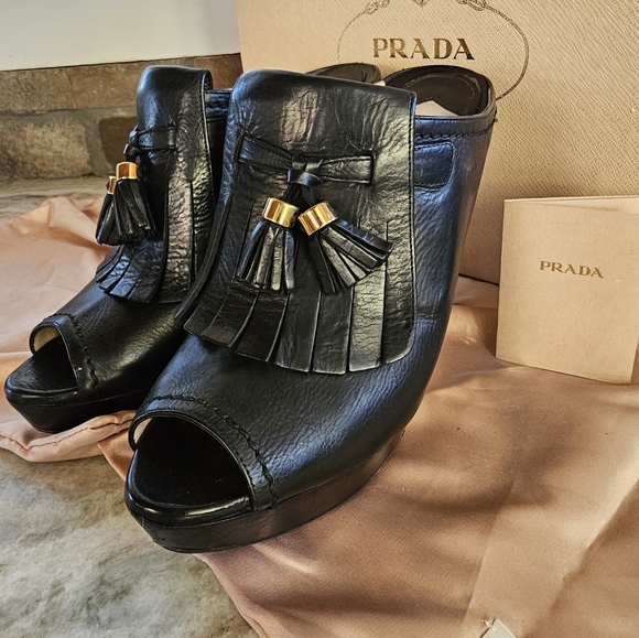 PRADA Black Peep Toe Platform Mules  Tassel Size 40 GORGEOUS 😍 Calzature Donna - Picture 6 of 14